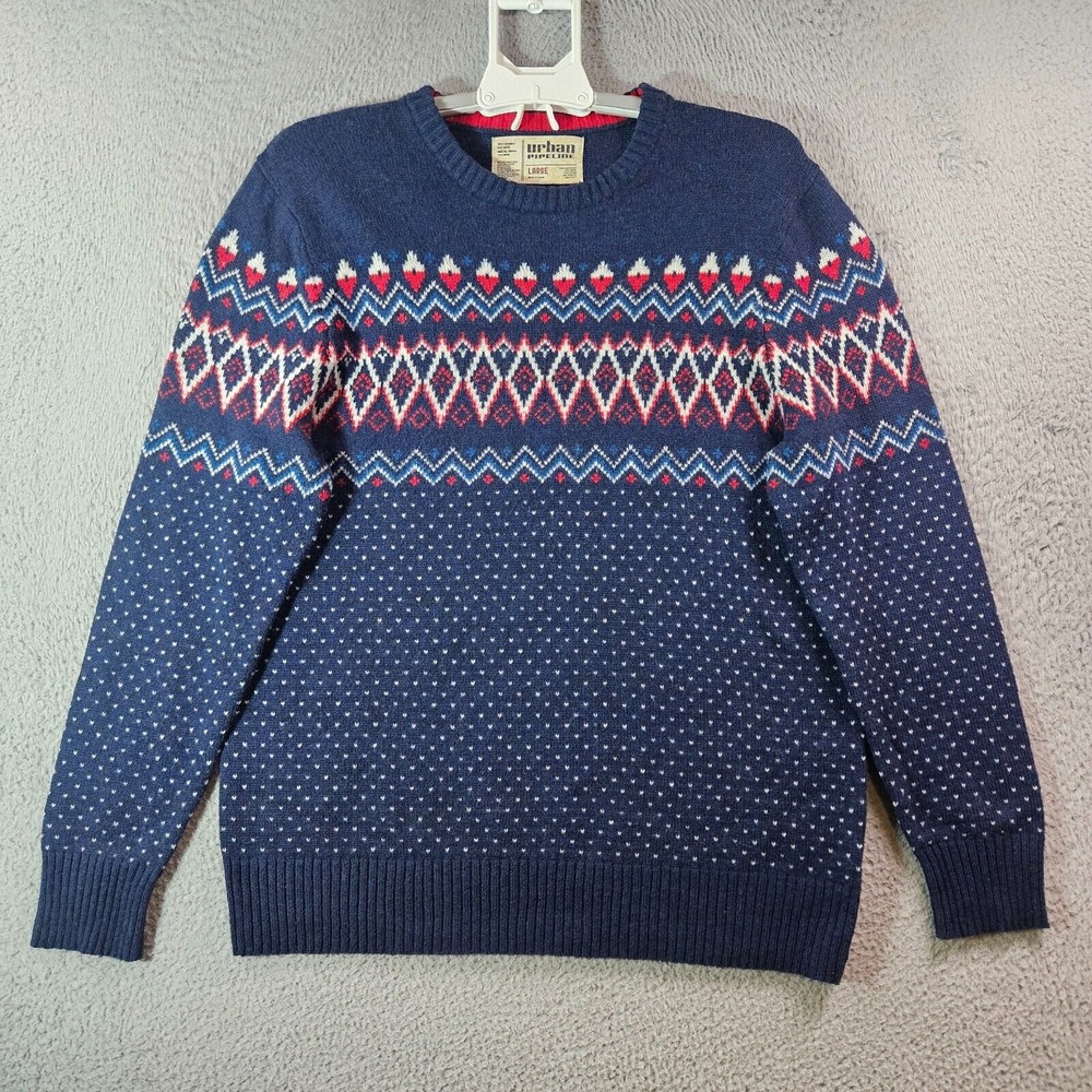 Urban Pipeline Sweater Men Large Wool Blend Geometric Fair Isle Navy Blue